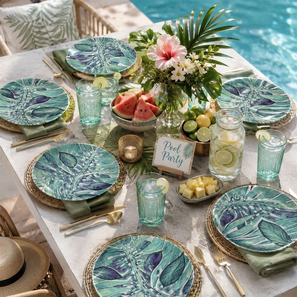 Tommy Bahama Melamine Plates Dinner Tropical Leafy Summer Pool
